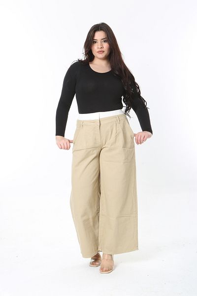 Şans Women's Plus Size Camel Pants 65N38890 with Belt and Elastic Wide Leg High Waist