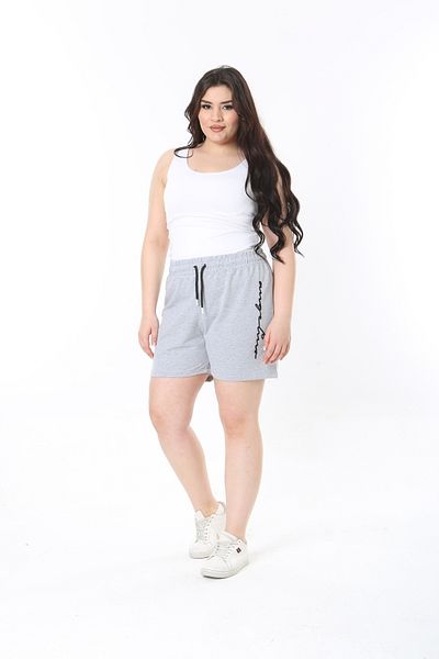 Şans Women's Large Size Gray Waist Lace and Elastic Detailed Pocketless Shorts 65N38921