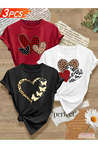 EFFRENATU 3 قطع تي شيرت بناتي بأكمام قصيرة وياقة دائرية ومطبوع