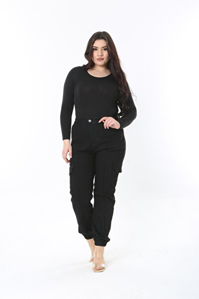 Şans Women's Large Size Black High Waist Cargo Pocket Jeans 65N38898