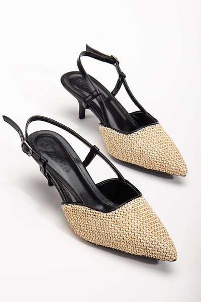 Dilimler Ayakkabı Women's Smart Heeled Shoes - Black Straw, Thin Heel, Side Pole