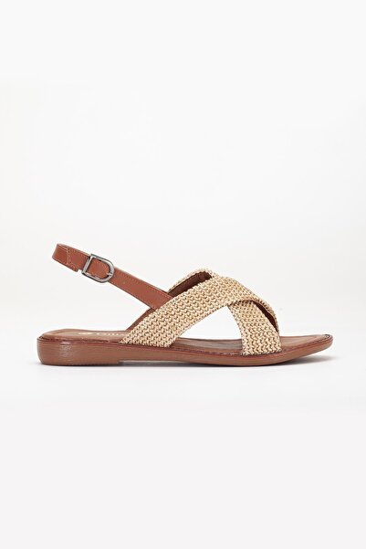 Dilimler Ayakkabı Women's Flat Heeled Sandals Beige Straw Cross Strap