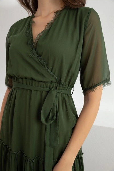 AZRA BUTİK Laced Short Sleeve SKirt Dress - KHAKi