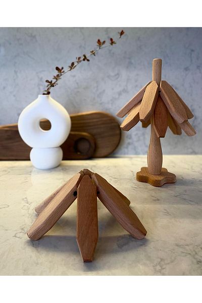 Birdoludukkan 3' Wooden Trivet with Stand - Bamboo Trivet - Plain Pattern Practical Folding Trivet