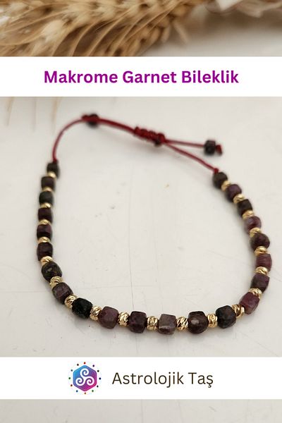 Astrolojik Doğal Taş Garnet Natural Stone Facet Cube Cut 4mm Macrame Bracelet