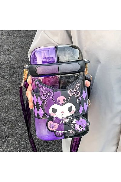 ada çanta kırtasiye Plastic 640ml Children's Water Bottle with Kuromi Figure, Two Compartment Cover