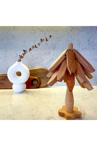 Birdoludukkan 3' Wooden Trivet with Stand - Bamboo Trivet - Plain Pattern Practical Folding Trivet