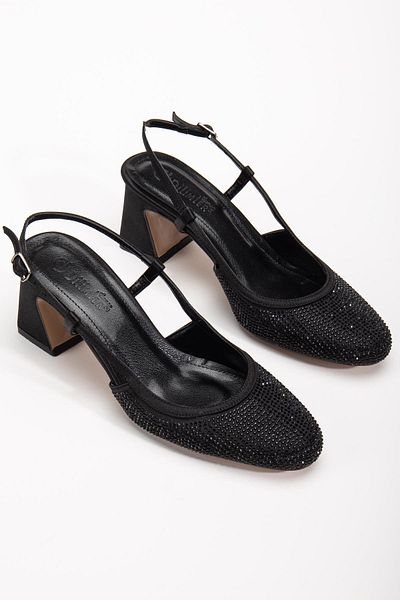 Dilimler Ayakkabı Women's Short Heeled Evening Dress Shoes Black Stone Trim Round Toe