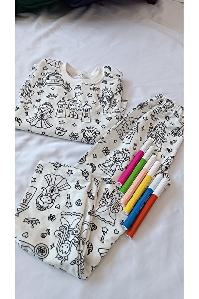%100 Boyanabilir & yıkanabilir Prenses desenli Çocuk Pijama Takımı