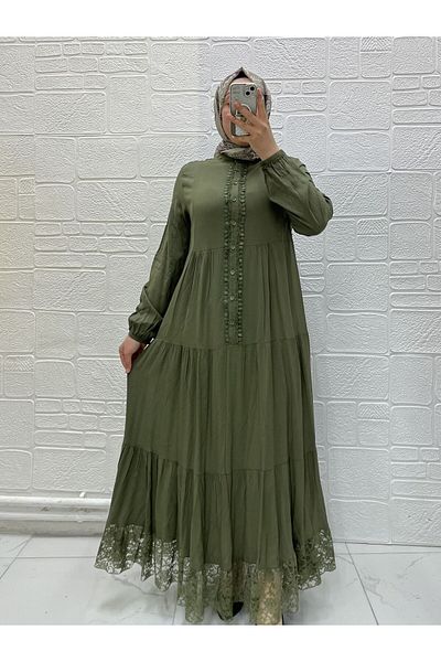 Zeynep Butik Lace Detailed Buttoned Washed Viscose Hijab Dress 1813