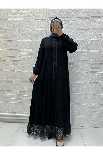 Zeynep Butik Lace Detailed Buttoned Washed Viscose Hijab Dress 1813