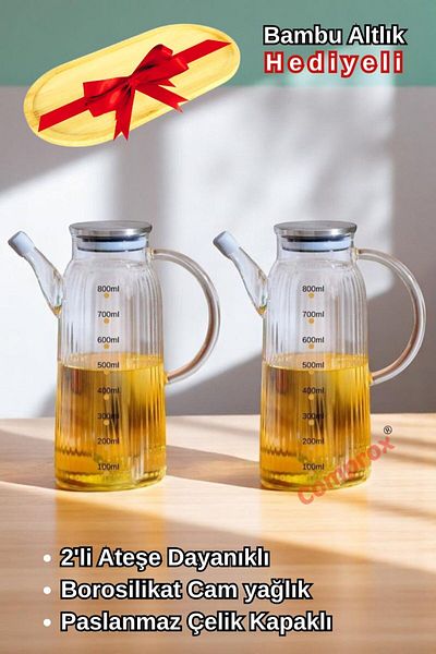 Comprox Steel Lid Vacuum Borosilicate Set of 3 Glass Oil Bowl Vinegar Bowl Bamboo Base
