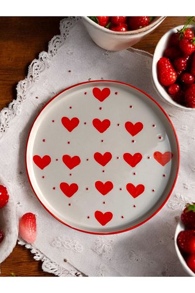 PINKU Ceramics طقم أطباق سيراميك مصنوع يدوياً من Crimson Heart – طقم من قطعتين 20 سم |   تقديم الإفطار والحلويات