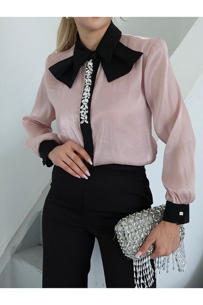 1Moda1Tarz Women's Top Imported Yoryo Chiffon Fabric Collar Detail Stone Embroidery Shirt Inner Blouse Bottom Pants Three Piece Set