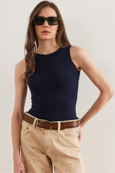 Olalook Women's Burgundy Navy Blue Crew Neck Sleeveless Lycra 2-Piece Cotton Blouse Blz- 19002825