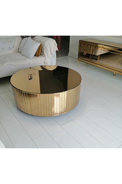 LUXURY VİLLA Luxury Komple Gold Aynalı Tekerlekli Orta Sehpa 85x85 Yükseklik ...