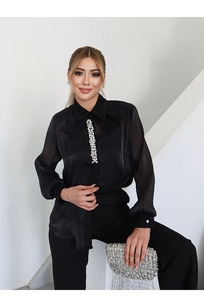 1Moda1Tarz Women's Top Imported Yoryo Chiffon Fabric Collar Detail Stone Embroidery Shirt Inner Blouse Bottom Pants Three Piece Set