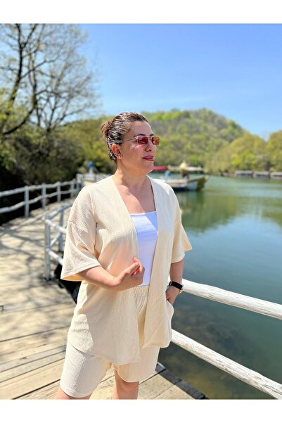 MJORA Plus Size Kimono & Shorts Knitted Set