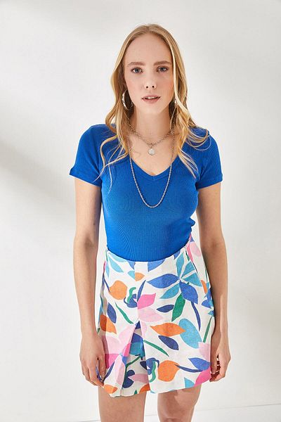 Olalook Women's Saks Blue Green V-Neck Short Sleeve 2-Piece Set Blouse BLZ-19002195