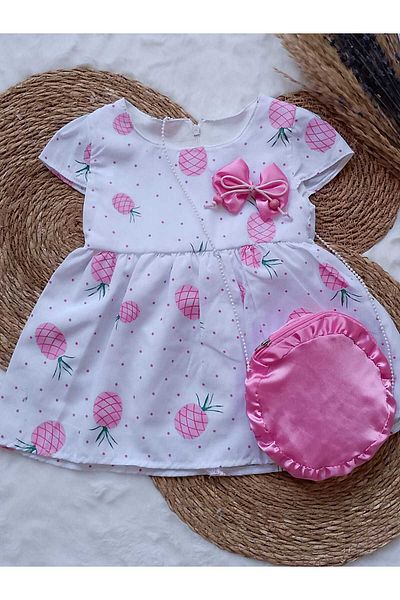 ayzen store Bag Detailed Pineapple Patterned Pleated Girl's Dress (1-2-3-4 Years)