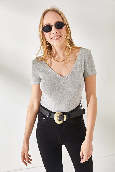 Olalook Dámská 2dílná set blůzy s výstřihem do V s krátkým rukávem v šedo-ecru BLZ-19002195