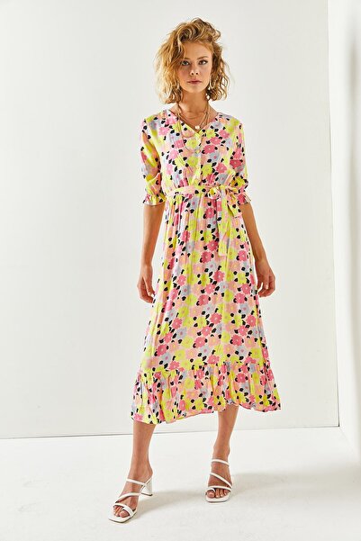 Olalook Γυναικείο κίτρινο ροζ κουμπιά ζωσμένο μανίκι Λεπτομερές υφασμένο φόρεμα βισκόζης ELB-19001524