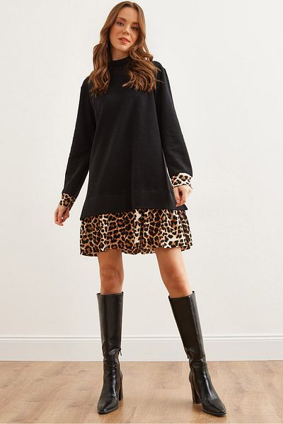 Olalook Schwarzes Thessaloniki-Kleid mit Leopardenverzierung für Damen ELB- 19000965