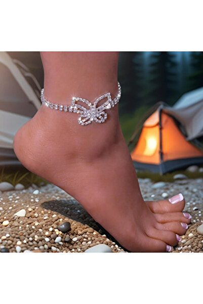 TAKİŞKO Complete Zircon Stone Butterfly Model Silver Color Anklet
