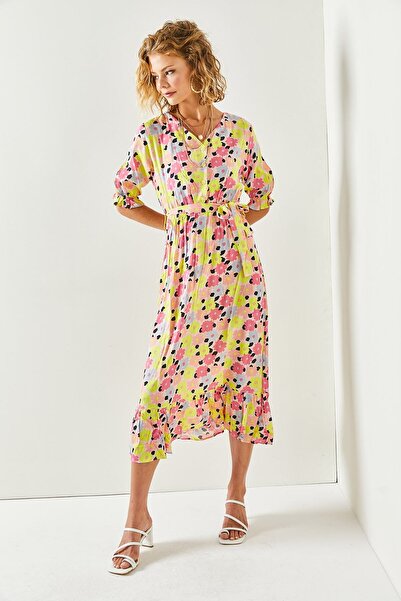 Olalook Women's Yellow Pink Buttoned Belted Sleeve Detailed Woven Viscose Dress ELB-19001524