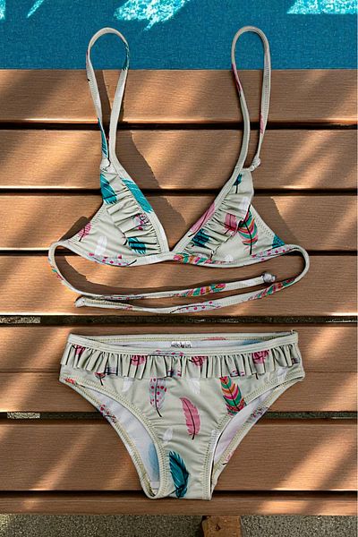 Lolliboomkids Girl's Ruffle Detailed Triangle Tie Feather Pattern Printed Bikini Set