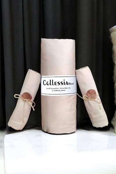 COLLESSİA Beige Color 100% Cotton Satin Fitted Double Elastic Sheet Set