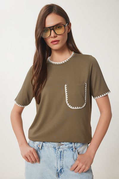Lovelyİstanbul Tricou tricotat cu dungi contract KHAKI LTP0013
