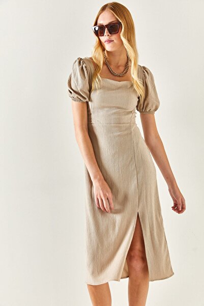 Olalook Kadın Taş Yırtmaçlı Sırt Dekolteli Midi Elbise ELB-19001934