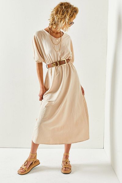 Olalook Women's Stone V-Neck Elastic Waist Bat Loose Dress ELB-19001946