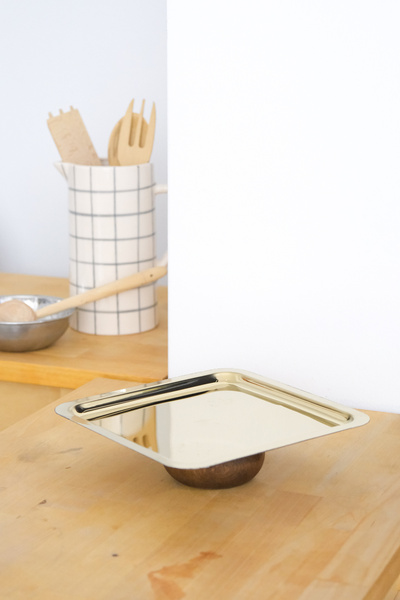 Beige & Stone Square Gold Steel Serving/ Presentation Tray with Wooden Legs