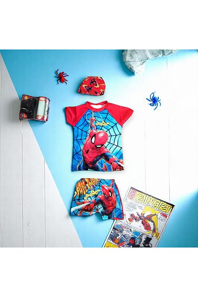 MİLAYS LİFE HOME COLLECTİON Mi̇lays 3 Pieces Bonneted Tee-Shorts Sea and Pool Swimsuit