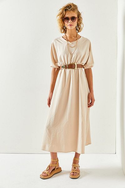 Olalook Women's Stone V-Neck Elastic Waist Bat Loose Dress ELB-19001946