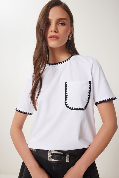 Lovelyİstanbul Μπλε BEYZA LTP0013 Πλεκτό T-shirt Λωρίδα αντίθεσης