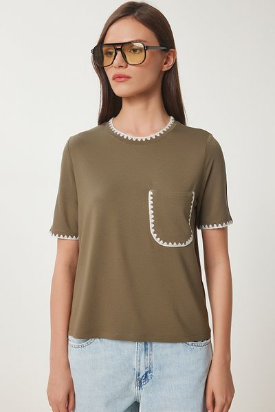 Lovelyİstanbul Tricou tricotat cu dungi contract KHAKI LTP0013