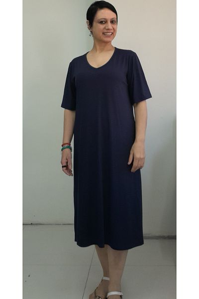 Mertcan Butik Μπλε ναυτικό κοντομάνικο φόρεμα βισκόζης με λαιμόκοψη V