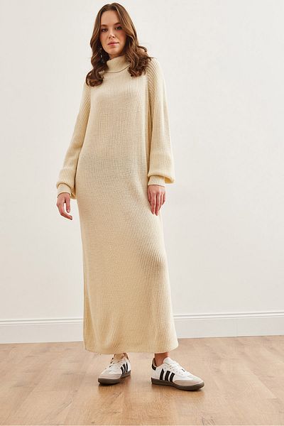 Olalook Women's Ecru Turtleneck Maxi Knitwear Dress Elb- 19002300