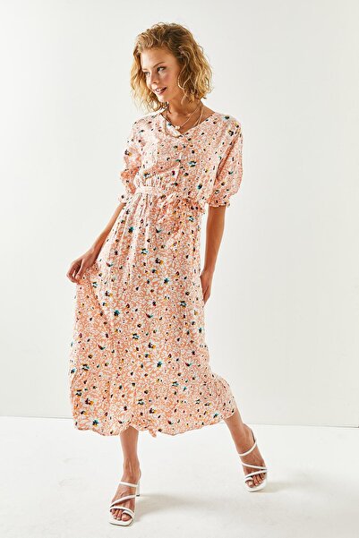 Olalook Women's Salmon White Buttoned Belted Sleeve Detailed Woven Viscose Dress ELB-19001524