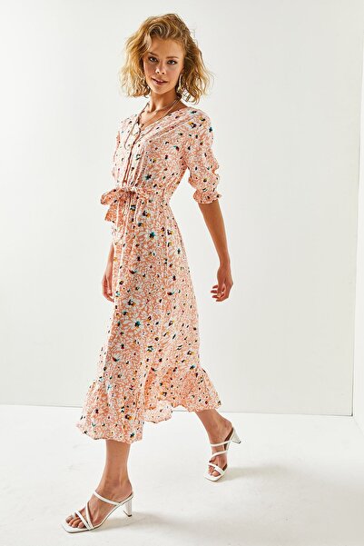 Olalook Women's Salmon White Buttoned Belted Sleeve Detailed Woven Viscose Dress ELB-19001524