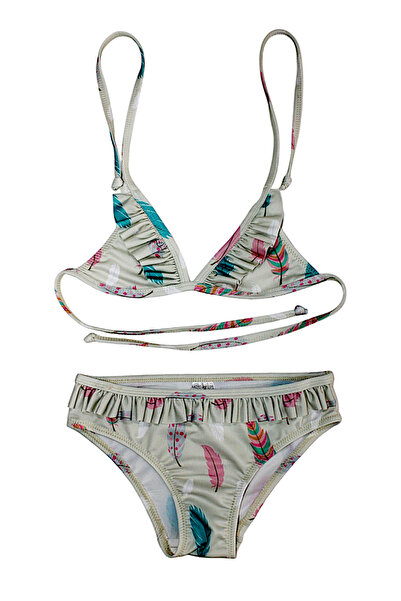 Lolliboomkids Girl's Ruffle Detailed Triangle Tie Feather Pattern Printed Bikini Set