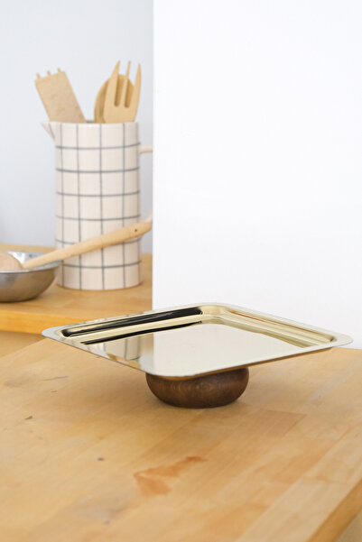 Beige & Stone Square Gold Steel Serving/ Presentation Tray with Wooden Legs