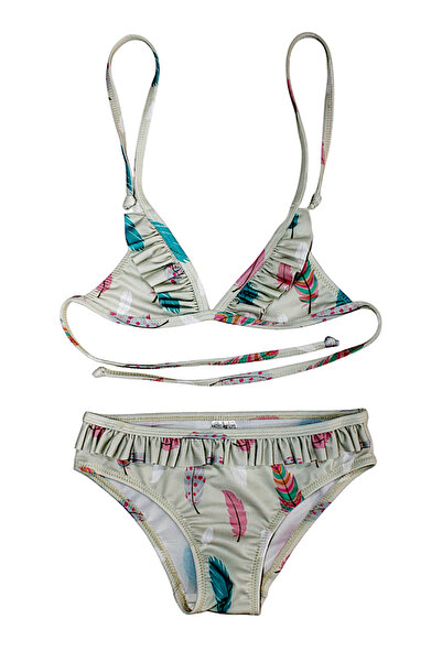 Lolliboomkids Girl's Ruffle Detailed Triangle Tie Feather Pattern Printed Bikini Set