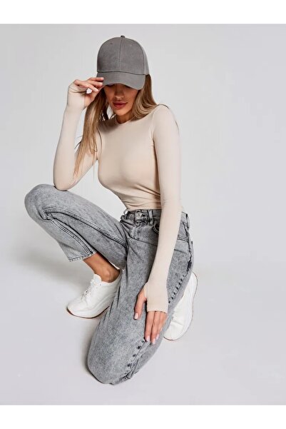 Store Parmak Geçirmeli Uzun Kollu Buzzy Kumaş Beyaz Bady