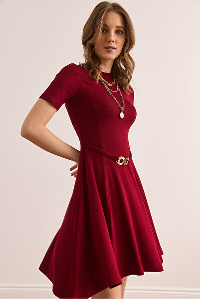 Olalook Women's Burgundy Self Belt Detailed Soft Textured Bell Dress Elb- 19002368