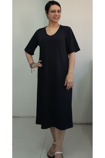 Mertcan Butik Black V-Neck Short-Sleeved Combed Viscose Dress