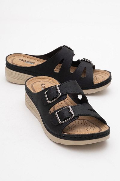 Melek Tuna Women's Anatomical Sole Wedge Heeled Orthopedic Slippers, Women's Orthopedic Double Buckle Slippers